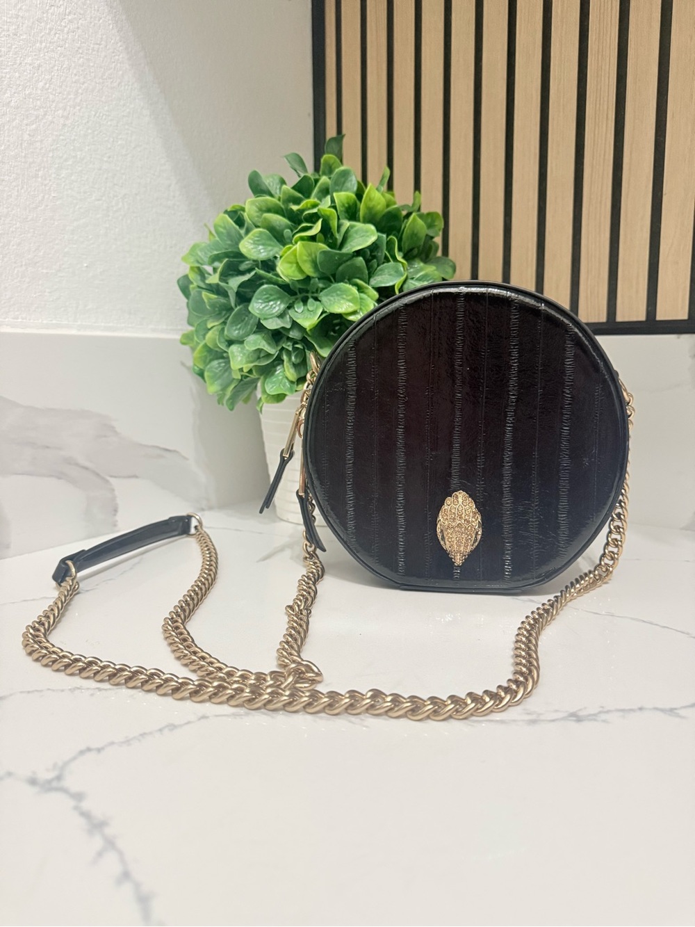 Kurt Geiger Black Round Chain Shoulder Bag with Gold Accent